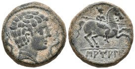 SAMALA. As. 120-20 a.C. Zona de Aragón. A/ Cabeza masculina a derecha, marcas dos delfines. R/ Jinete con lanza a derecha, leyenda SAMALA. FAB-2111. A...
