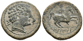 SECAISA. As. 120-20 a.C. Segeda (Aragón). A/ Cabeza masculina a derecha, delante delfín detrás letras ibéricas SE. R/ Jinete con palma a derecha debaj...