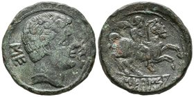 SECAISA. As. 120-20 a.C. Segeda (Aragón). A/ Cabeza masculina a derecha, delante delfín detrás letras ibéricas SE. R/ Jinete con palma a derecha debaj...