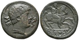 SECAISA. As. 120-20 a.C. Segeda (Aragón). A/ Cabeza masculina a derecha, delante delfín detrás letras ibéricas SE. R/ Jinete con palma a derecha debaj...