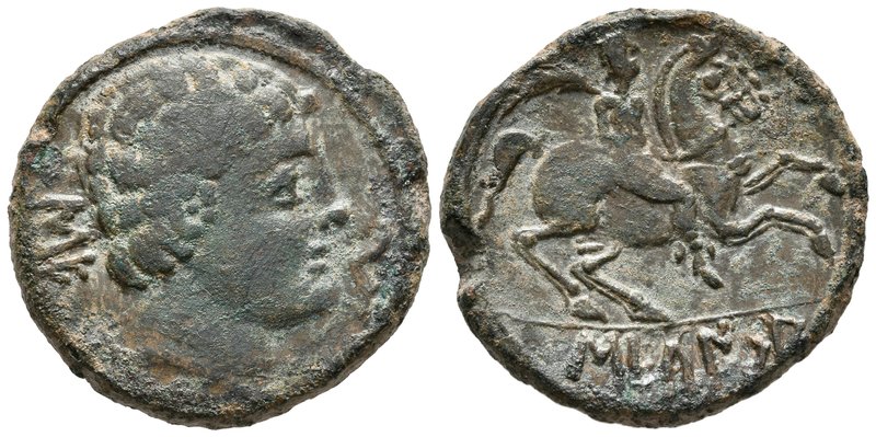 SECAISA. As. 120-20 a.C. Segeda (Aragón). A/ Cabeza masculina a derecha, delante...