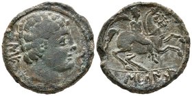 SECAISA. As. 120-20 a.C. Segeda (Aragón). A/ Cabeza masculina a derecha, delante delfín detrás letras ibéricas SE. R/ Jinete con palma a derecha debaj...