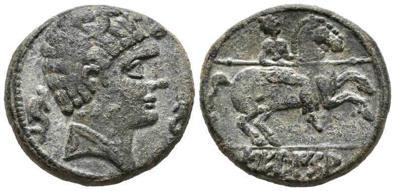 SECAISA. As. 120-20 a.C. Segeda (Aragón). A/ Cabeza masculina a derecha con coll...