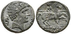 SECAISA. As. 120-20 a.C. Segeda (Aragón). A/ Cabeza masculina a derecha con collar doble y entre dos delfines. R/ Jinete con lanza a derecha, debajo S...