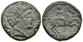 SECAISA. As. 120-20 a.C. Segeda (Aragón). A/ Cabeza masculina con doble collar a derecha entre dos delfines. R/ Jinete con lanza a derecha, debajo SEC...