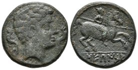 SECAISA. As. 120-20 a.C. Segeda (Aragón). A/ Cabeza masculina a derecha entre dos delfines. R/ Jinete con lanza a derecha, debajo SECaISA. FAB-2131. A...