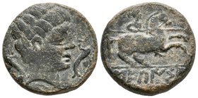 SECAISA. As. 120-20 a.C. Segeda (Aragón). A/ Cabeza masculina a derecha entre dos delfines. R/ Jinete con lanza a derecha, debajo SECaISA. FAB-2131. A...