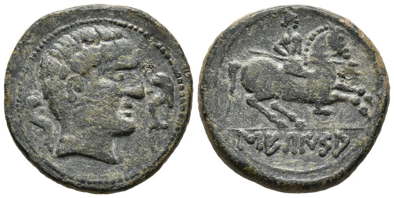 SECAISA. As. 120-20 a.C. Segeda (Aragón). A/ Cabeza masculina a derecha entre do...