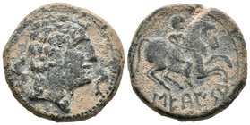SECAISA. As. 120-20 a.C. Segeda (Aragón). A/ Cabeza masculina a derecha entre dos delfines. R/ Jinete con lanza a derecha, debajo sin línea y ligerame...