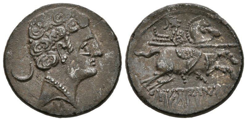 SECOBIRICES. Denario. 120-30 a.C. Saelices (Cuenca). A/ Cabeza masculina a derec...