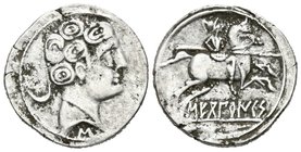 SECOBIRICES. Denario. 120-30 a.C. Saelices (Cuenca). A/ Cabeza masculina a derecha con torque simple, detrás creciente y debajo letra ibérica S. R/ Ji...