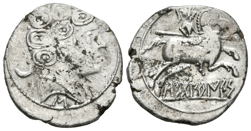 SECOBIRICES. Denario. 120-30 a.C. Saelices (Cuenca). A/ Cabeza masculina a derec...