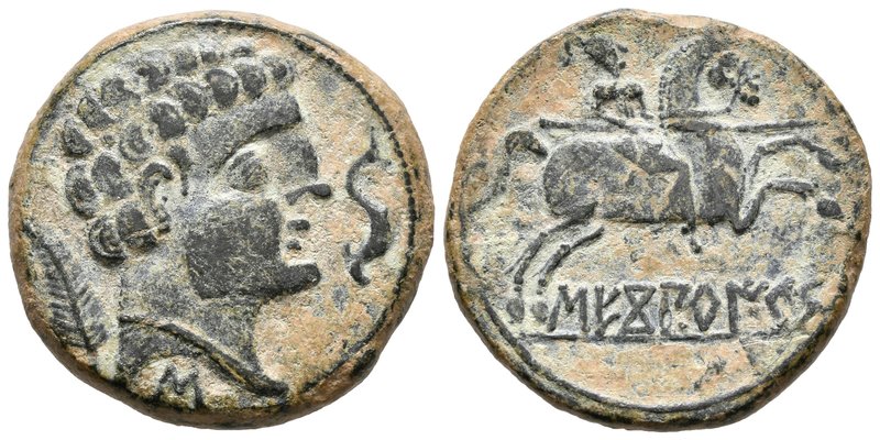SECOBIRICES. As. 120-30 a.C. Saelices (Cuenca). A/ Cabeza masculina a derecha, d...
