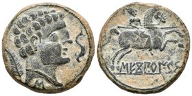 SECOBIRICES. As. 120-30 a.C. Saelices (Cuenca). A/ Cabeza masculina a derecha, delante delfín, detrás palma y debajo letra ibérica S. R/ Jinete con la...