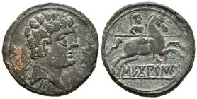 SECOBIRICES. As. 120-30 a.C. Saelices (Cuenca). A/ Cabeza masculina a derecha, delante delfín, detrás palma y debajo letra ibérica S. R/ Jinete con la...