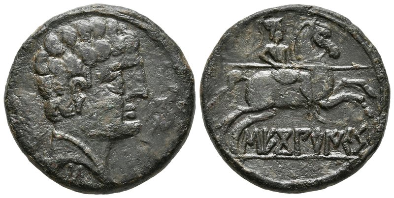 SECOBIRICES. As. 120-30 a.C. Saelices (Cuenca). A/ Cabeza masculina a derecha, d...