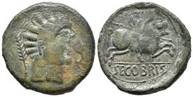 SEGOBRIGA. As. 120-30 a.C. Saelices (Cuenca). A/ Cabeza masculina a derecha, delante delfín, detrás palma. R/ Jinete con lanza a derecha, debajo SEGOB...