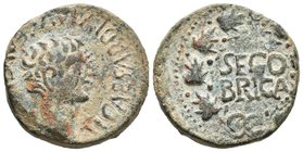 SEGOBRIGA. Semis. Epoca de Tiberio. 14-36 a.C. Saelices (Cuenca). A/ Cabeza desnuda de Tiberio a derecha, alrededor TI.CAESAR DIVI.AVG.F. AVGVS.F.IMP....