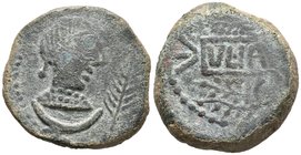 ULIA. As. 50 a.C. Montemayor (Córdoba). A/ Cabeza femenina a derecha, delante palma y debajo creciente. R/ Ramas de vid alrededor de cartela, VL·IA. F...
