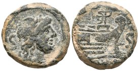 ACUÑACIONES ANONIMAS. Semis. 155-149 a.C. Roma. A/ Cabeza de Saturno a derecha, detrás S. R/ Proa de nave a derecha, encima mástil con vela, delante S...