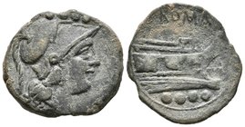 ACUÑACIONES ANONIMAS. Triens. 211 a.C. Roma. A/ Cabeza de Minerva a derecha, encima cuatro puntos. R/ Proa de nave a derecha, sobre esta ROMA, debajo ...