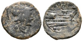 ACUÑACIONES ANONIMAS. Triens. 211 a.C. Roma. A/ Cabeza de Minerva a derecha, encima cuatro puntos. R/ Proa de nave a derecha, encima ROMA, debajo cuat...