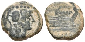 ACUÑACIONES ANONIMAS. Triens. 211 a.C. Roma. A/ Cabeza de Minerva a derecha, encima cuatro puntos. R/ Proa de nave a derecha, sobre esta ROMA, debajo ...