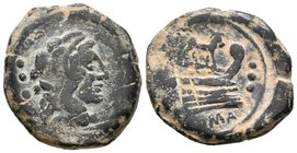 ACUÑACIONES ANONIMAS. Quadrans. 169-158 a.C. Roma. A/ Cabeza de Hércules con piel de león a derecha, detrás tres puntos. R/ Proa de nave a derecha, en...