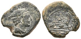 ACUÑACIONES ANONIMAS. Sextans. 169-158 a.C. Roma. A/ Cabeza de Mercurio a derecha, encima dos puntos. R/ Proa de nave a derecha, encima dos puntos, de...
