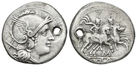 ACUÑACIONES ANONIMAS. Denario. 208-206 a.C. Roma. A/ Busto con casco de Roma a derecha, detrás signo de vlor X. R/ Los Dioscuros cabalgando a derecha,...
