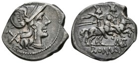 ACUÑACIONES ANONIMAS. Denario. 199-170 a.C. Ceca incierta del sureste de Italia. A/ Cabeza con casco de Roma a derecha, detrás signo de valor X. R/ Lo...