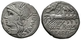M. BAEBIUS Q. F. TAMPILUS. Denario. 137 a.C. Roma. A/ Cabeza con casco de Roma a izquierda, detrás TAMPIL, delante marca de valor X. R/ Apolo en cuadr...