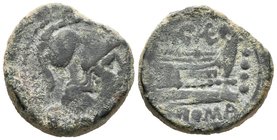 A. CAECILIUS. A. F. Triens. 169-158 a.C. Roma. A/ Cabeza de Minerva con casco a derecha, delante cuatro puntos. R/ Proa de nave a derecha, encima A·CA...