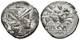 L. CUPIENNIUS. Denario. 147 a.C. Roma. A/ Cabeza con casco de Roma a derecha, detrás cornucopia, delante signo de valor X. R/ Los Dioscuros portando l...