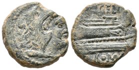 CN. GELLIUS. Quadrans. 138 a.C. Roma. A/ Cabeza de Hércules con piel de león a derecha, detrás tres puntos. R/ Proa de nave a derecha, encima CN·GELI,...