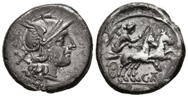 C. JUVENTIUS THALNA. Denario. 154 a.C. Roma. A/ Cabeza con casco de Roma a derecha, detrás signo de valor X. R/ Victoria guiando biga a derecha portan...