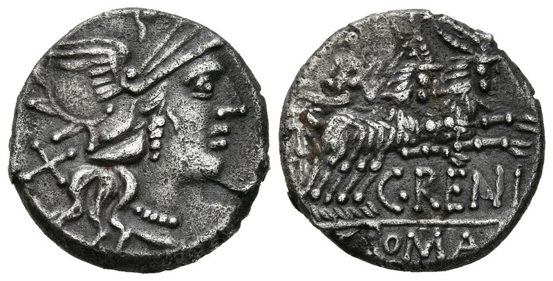 C. RENIUS. Denario. 138 a.C. Roma A/ Cabeza de Roma a derecha, detrás signo de v...