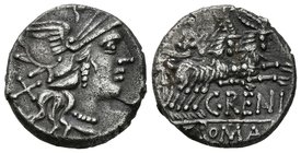 C. RENIUS. Denario. 138 a.C. Roma A/ Cabeza de Roma a derecha, detrás signo de valor X. R/ Juno en biga a derecha, tirada por machos cabríos, debajo C...