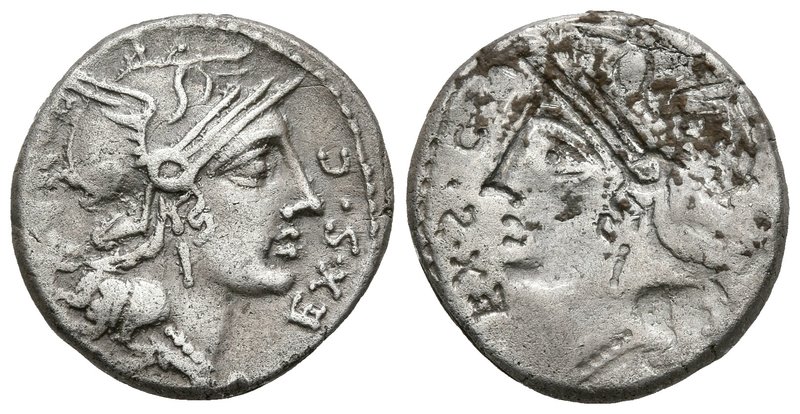 M. SERGIUS SILUS. Denario. 116-115 a.C. Roma. A/ Busto de Roma a derecha, detrás...