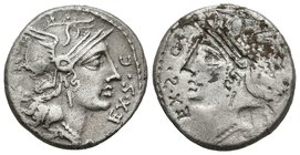 M. SERGIUS SILUS. Denario. 116-115 a.C. Roma. A/ Busto de Roma a derecha, detrás signo de valor ROMA EX S C. R/ Incuso. Craw 286.1; RSC Sergia 1. Ar. ...