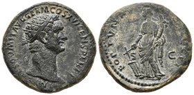 DOMICIANO. Dupondio. 86 d.C. Roma. A/ Busto radiado a derecha. IMP CAES DOMIT AVG GERM COS XII CENS PERP. R/ Fortuna estante a izquierda portando timó...
