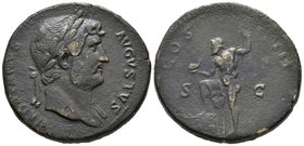 ADRIANO. Sestercio. 124-128 d.C. Roma. A/ Busto laureado a derecha. HADRIANVS AVGVSTVS. R/ Neptuno estante a izquierda con pie derecho apoyado sobre p...