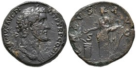 ANTONINO PIO. Sestercio. 140-144 d.C. Roma. A/ Busto laureado a derecha con ligero drapeado sobre el hombro izquierdo. ANTONINVS AVG PIVS P P TR P COS...