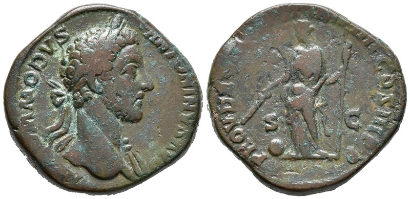 COMMODO. Sestercio. 183 d. C. Roma. A/ Busto laureado a derecha con ligero drape...