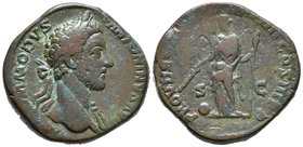 COMMODO. Sestercio. 183 d. C. Roma. A/ Busto laureado a derecha con ligero drapeado sobre hombro izquierdo. M COMMODVS ANTONINVS AVG PIVS. R/ Providen...