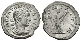 HELIOGABALO. Denario. 219-220 d.C. Roma. A/ Busto laureado y drapeado con coraza a derecha. IMP ANTONINVS AVG. R/ Fides estante a izquierda portando v...