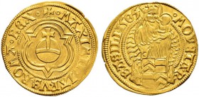 BASEL 
 Reichsmünzstätte 
 Maximilian I. (1493-1508/9). 
 Goldgulden 1505. Reichsapfel in Dreipass. Umschrift &quot;+ o MAXIMILIARVS o ROMA o REX o...