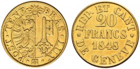 GENF / GENÈVE 
 Kanton 
 20 Francs 1848. 7.64 g. D.T. 277. HMZ 2-361a. Fr. 263. Vorzüglich-FDC / Extremely fine-uncirculated.