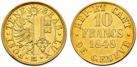 GENF / GENÈVE 
 Kanton 
 10 Francs 1848. 3.81 g. D.T. 278. HMZ 2-362a. Fr. 264. Selten / Rare. Fast FDC / About uncirculated.