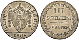 GLARUS 
 3 Schillinge 1808. 1.99 g. D.T. 97a. HMZ 2-373b. Sehr schön-vorzüglich / Very fine-extremely fine.